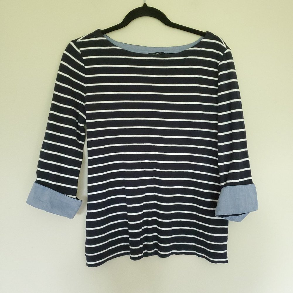 Nautica boatneck striped chambray cuff top L